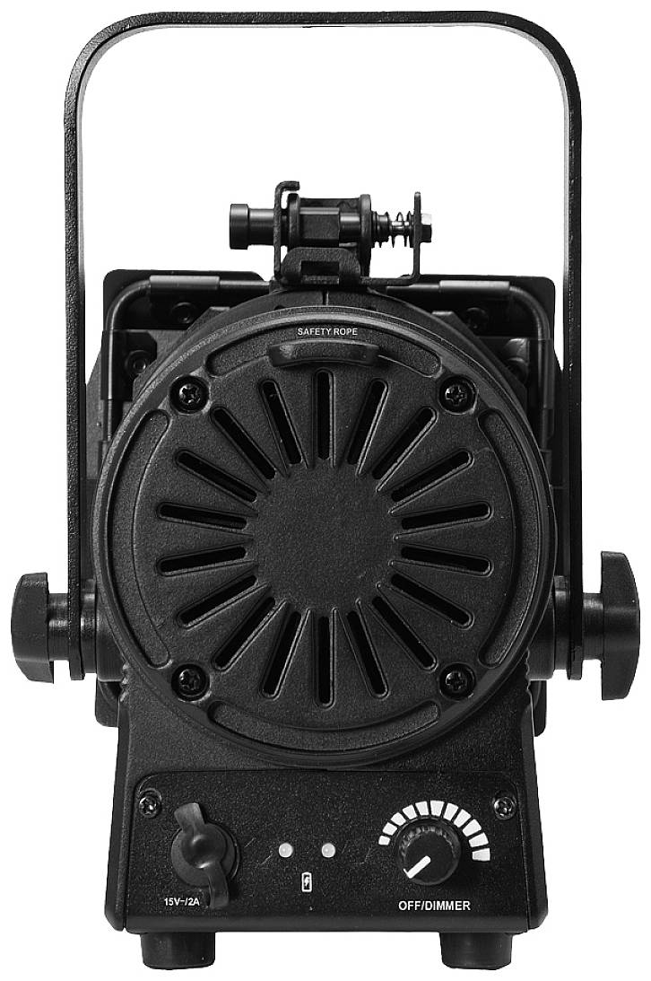 L'image montre un projecteur noir vu de dos avec un curseur de luminosité et un bouton. Au-dessus est inscrit 'SAFETY ROPE'.