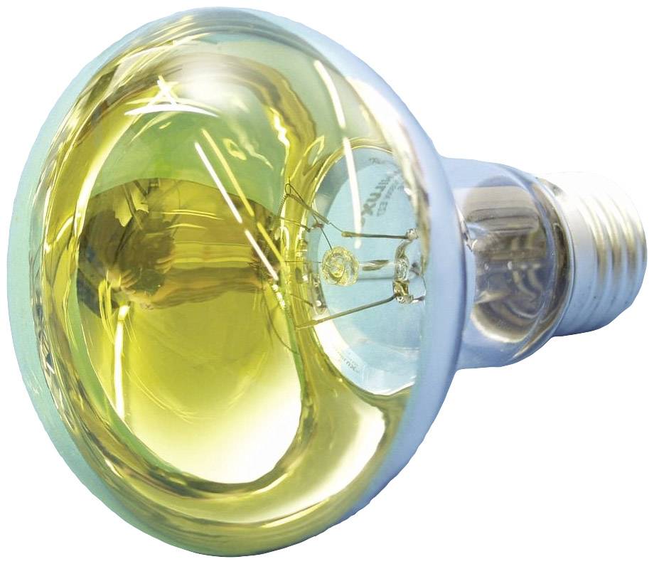 Une ampoule unique à surface réfléchissante, montrant des reflets jaunes et bleus. Elle est vue en gros plan.