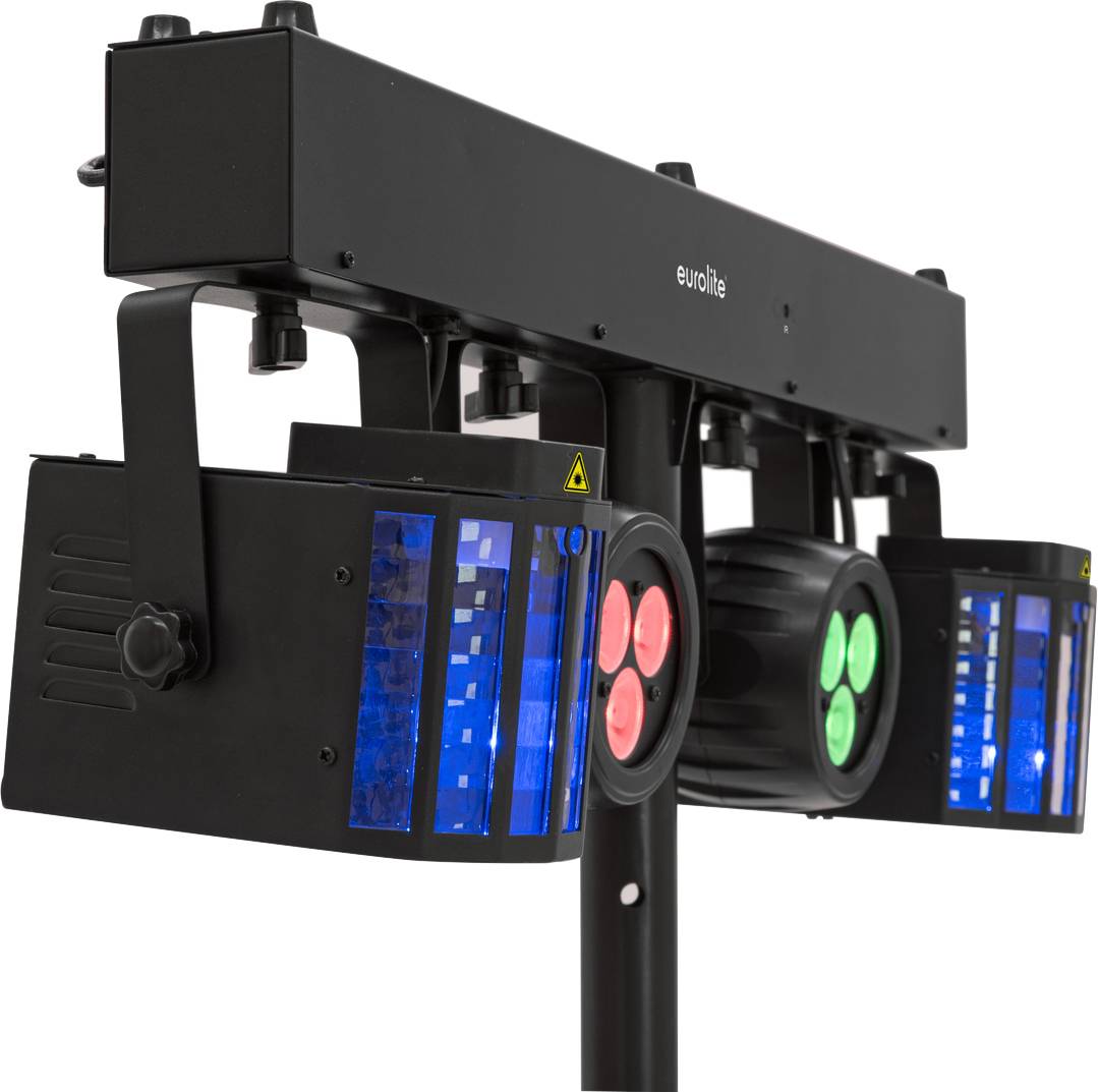 Différents projecteurs de scène colorés sur un système d'éclairage, utilisés pour l'éclairage d'événements ou de concerts.