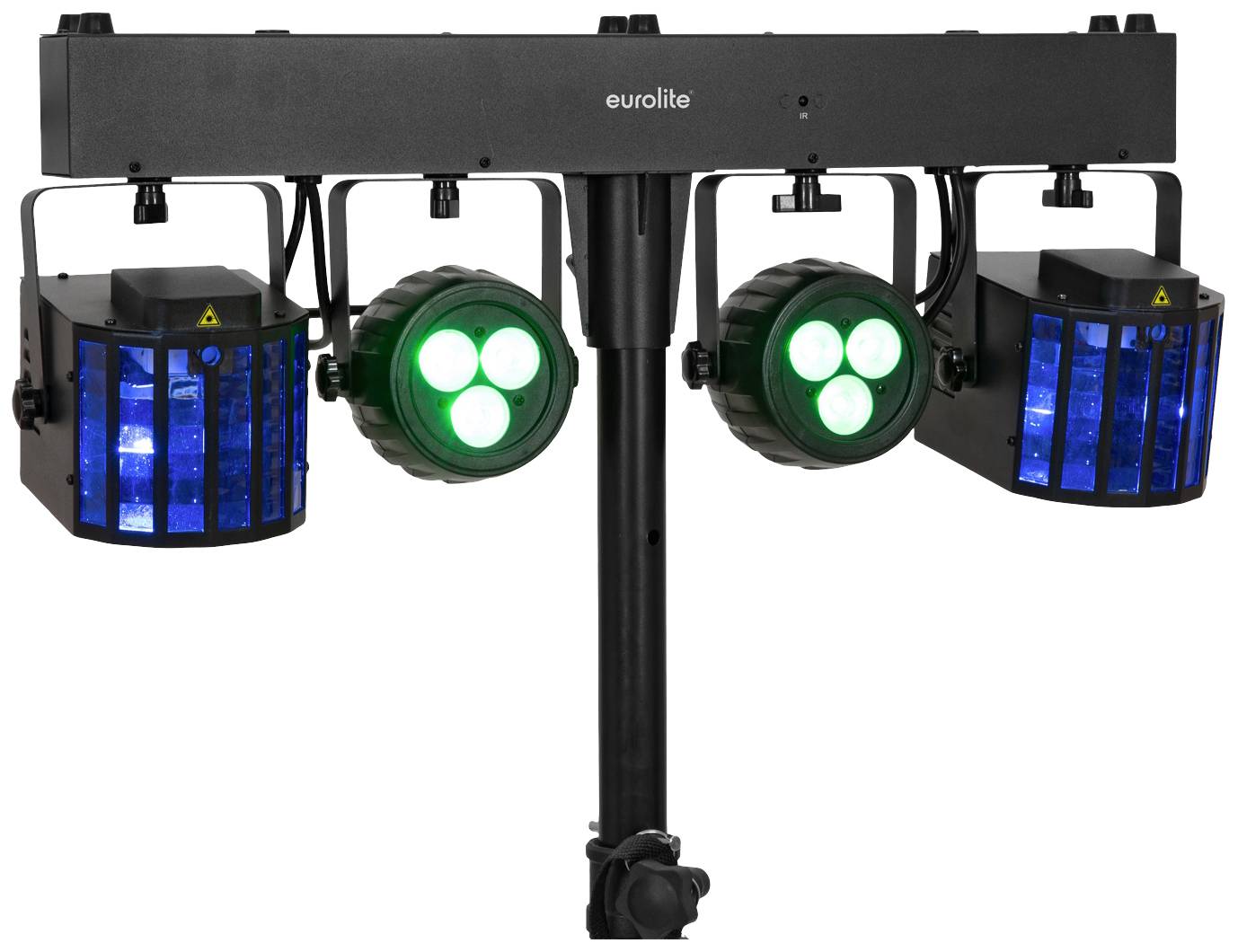 Une barre lumineuse noire avec deux voyants LED verts au centre et deux projecteurs d'effet bleus sur les côtés.