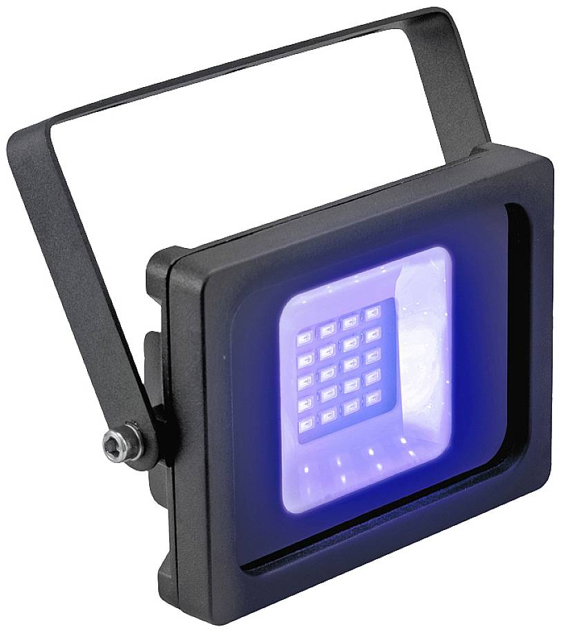 Projecteur LED noir avec éclairage bleu, monté sur support réglable, adapté pour l'éclairage de scène ou extérieur.