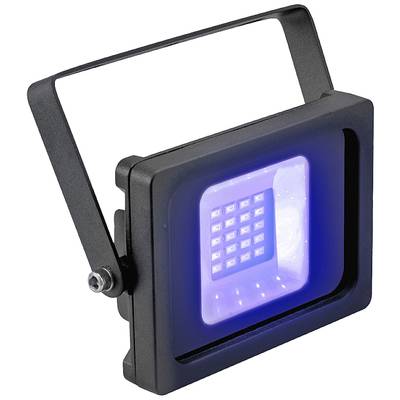 Projecteur LED noir avec éclairage bleu, monté sur support réglable, adapté pour l'éclairage de scène ou extérieur.