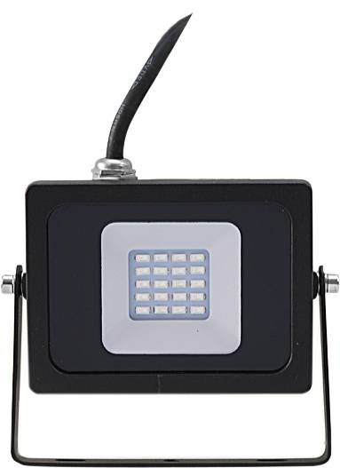 Un projecteur LED rectangulaire avec un boîtier noir et un câble. Il présente un motif quadrillé de LED sur sa face avant.
