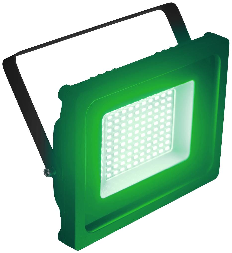 Un projecteur LED carré éclaire en lumière verte. Il dispose d'un cadre métallique noir et convient à l'éclairage de scène.