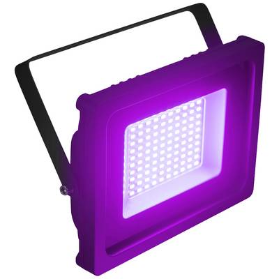 Un projecteur LED violet émet une lumière vive dans des tons de violet avec une structure de cadre rectangulaire et un support réglable.