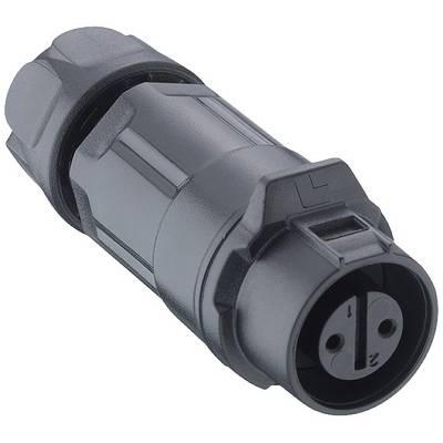 Un connecteur électrique noir cylindrique avec deux broches, souvent utilisé pour des applications industrielles.