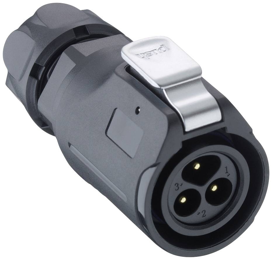 Un connecteur électrique noir avec trois broches rondes et une pince de fixation argentée sur le dessus.