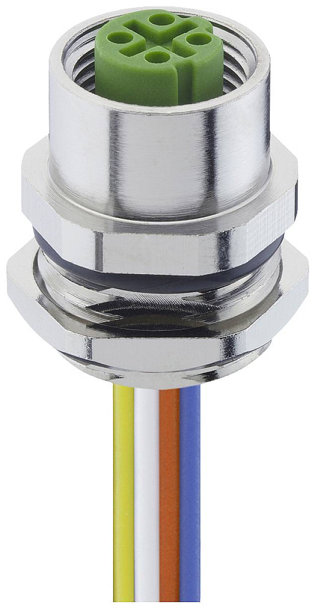 Une fiche métallique avec un connecteur vert et cinq câbles de couleurs différentes (blanc, jaune, bleu, orange, marron) est représentée, isolée sur un fond blanc.