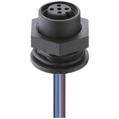 Un connecteur cylindrique noir avec plusieurs trous, duquel sortent quatre câbles de couleurs bleue, marron, rouge et noire.