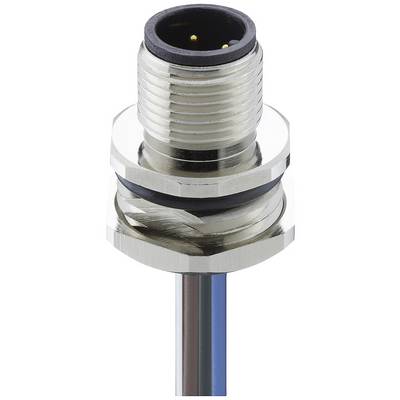 Un connecteur M12 métallique avec deux câbles marron et bleu. Adapté aux applications industrielles et aux connexions robustes.