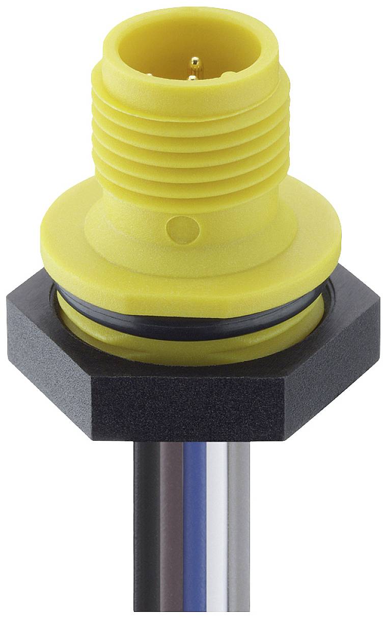 Connecteur cylindrique jaune avec base hexagonale noire et câble multifilaire, adapté aux applications industrielles.
