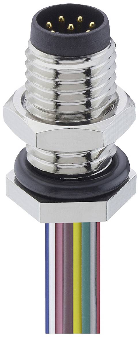 'Connecteur M12 à 8 broches avec câble en différentes couleurs pour applications industrielles.'