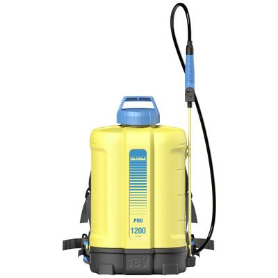 Pulvérisateur à dos jaune et bleu, modèle 'PRO 1200', avec buse réglable et sangles d'épaule ergonomiques.