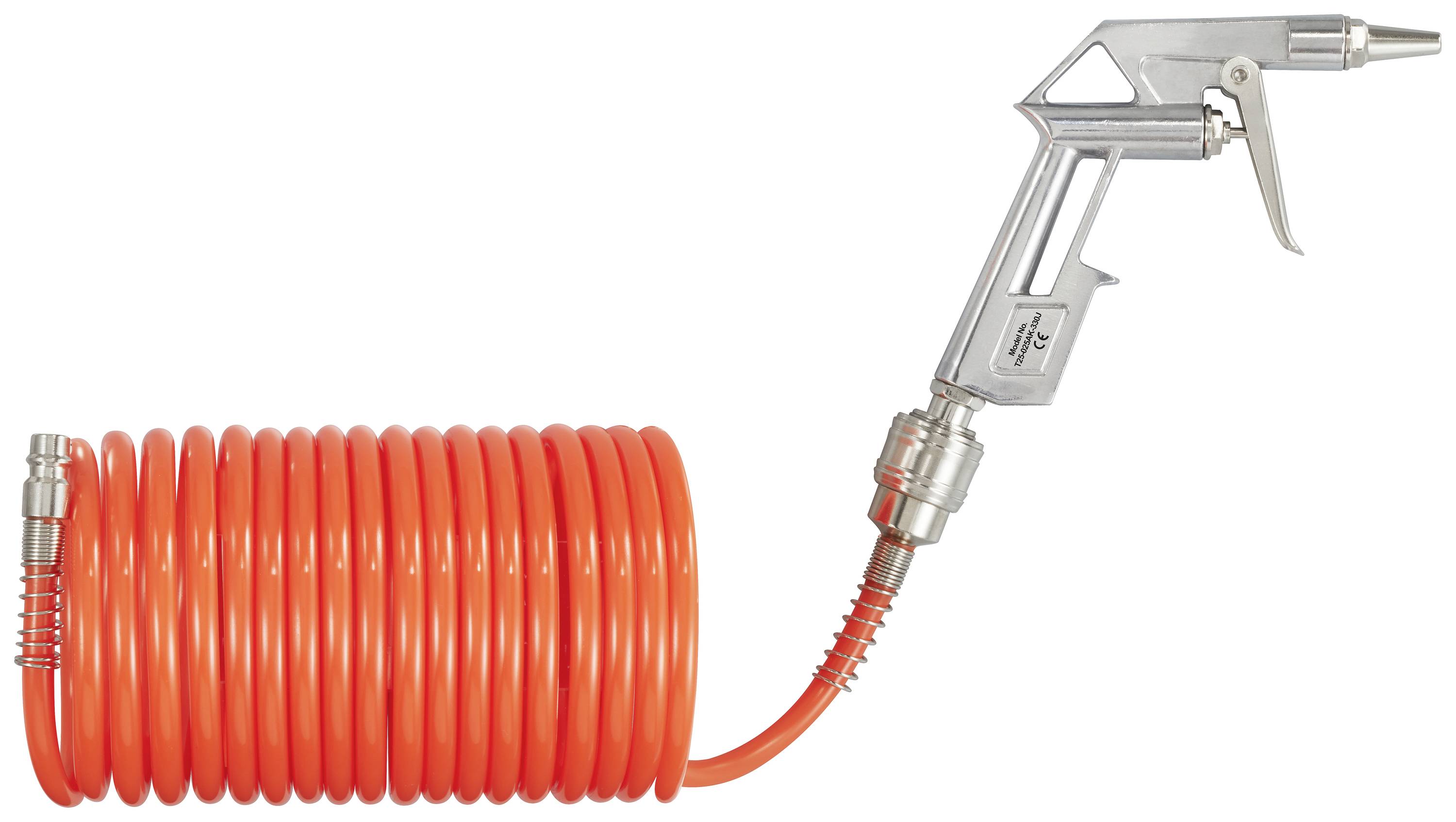 Pistolet à air comprimé rouge avec tuyau enroulé, principalement utilisé pour les travaux de nettoyage et de gonflage.