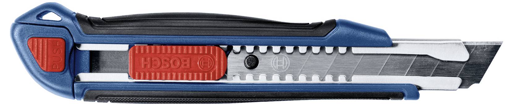 Un cutter à tapis bleu-noir avec mécanisme de coulissement rouge, lame partiellement sortie.