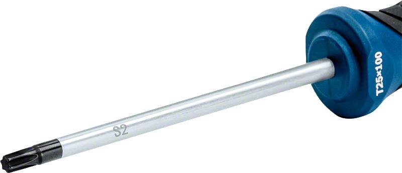 Un tournevis à tête Torx avec poignée bleue. Sur la poignée est inscrit 'T25x100' et 'S2' sur l'axe du tournevis.