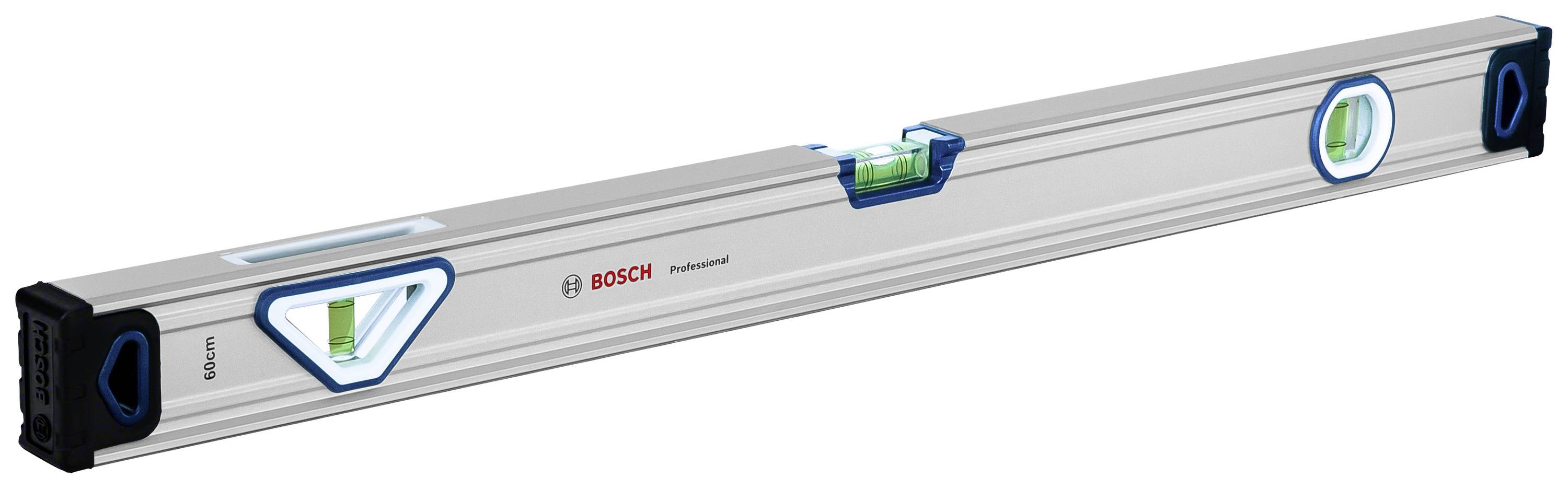 Niveau à bulle en aluminium Bosch avec trois fioles pour un alignement horizontal et vertical.