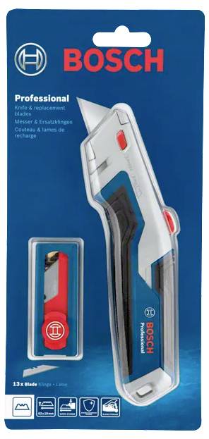 Un couteau utilitaire professionnel Bosch avec des lames de rechange dans son emballage. Le couteau est équipé d'une lame rétractable et d'une conception de poignée ergonomique.
