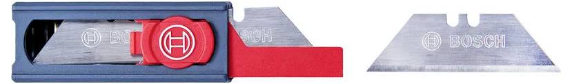 Un outil de réaffûtage de lame de couteau utilitaire avec un verrou de sécurité rouge à côté de deux lames de rechange portant le logo 'Bosch'.