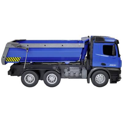 Un camion benne bleu à six roues et un grand conteneur de chargement. Le camion est visible de côté dans un affichage statique.