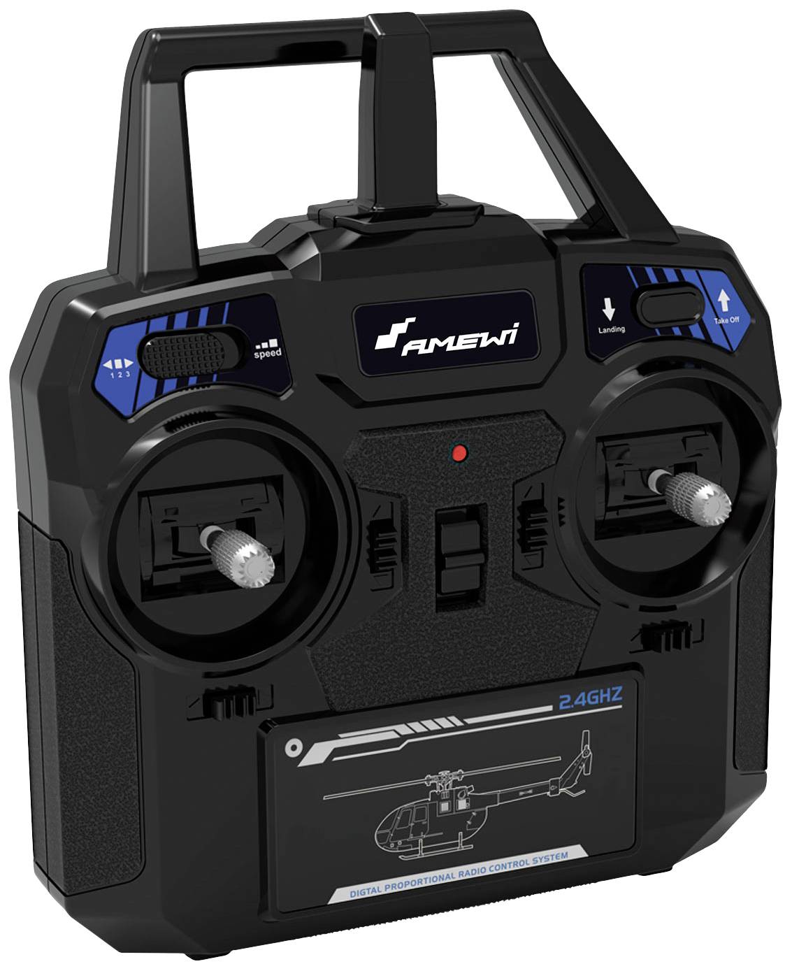 Télécommande noire avec deux joysticks et boutons de commande bleus pour des modèles tels que les hélicoptères, marque 'Amewi', fréquence 2,4 GHz.
