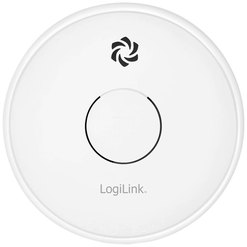 Détecteur de fumée rond avec un bouton central portant l'inscription 'LogiLink', avec un symbole de flèche indiqué en haut.