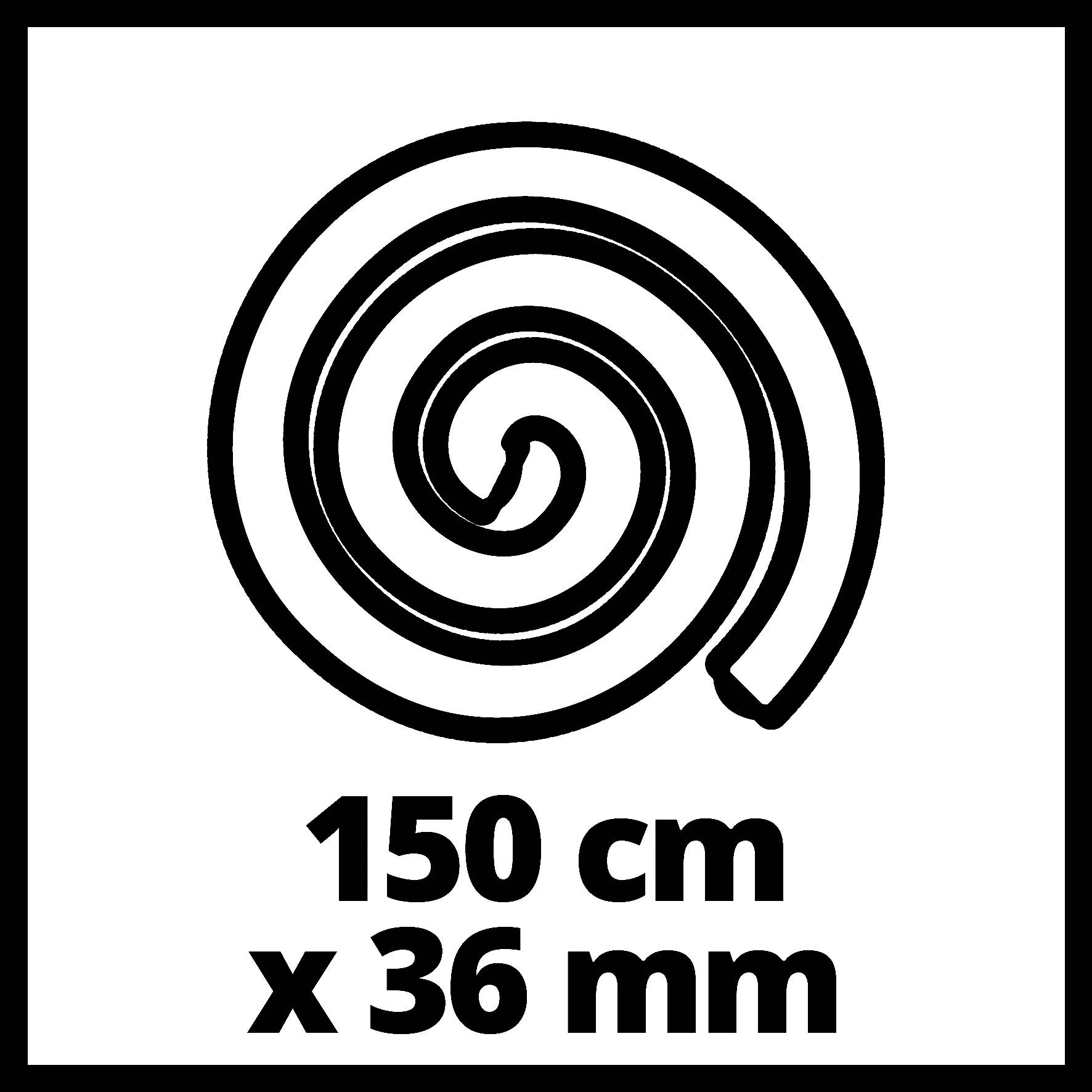 '150 cm x 36 mm' en écriture noire sous une représentation schématique d'une spirale sur fond blanc.