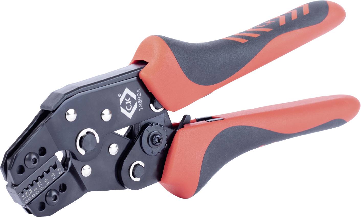 Une pince à sertir avec poignée noire et rouge, adaptée pour la pose de embouts de câblage.