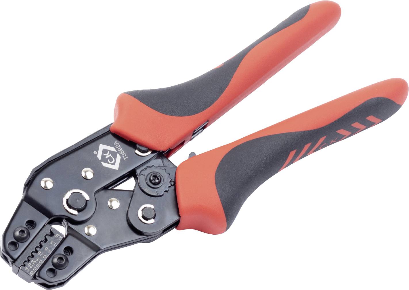 Pince à dénuder avec poignée noire et rouge, adaptée au dénudage et à la coupe de fils électriques.