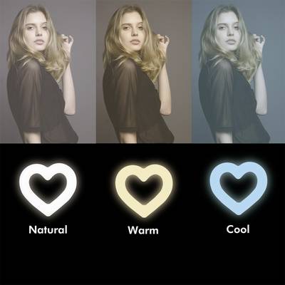 Trois photos d'une femme avec différents filtres de couleur : à gauche 'Naturel', au centre 'Chaleureux', à droite 'Froid'. Montre l'effet des températures de lumière.