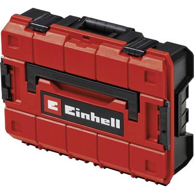 Coffret à outils rouge avec poignée noire, logo de marque 'Einhell' visible. Robuste et compact, adapté au rangement des outils.
