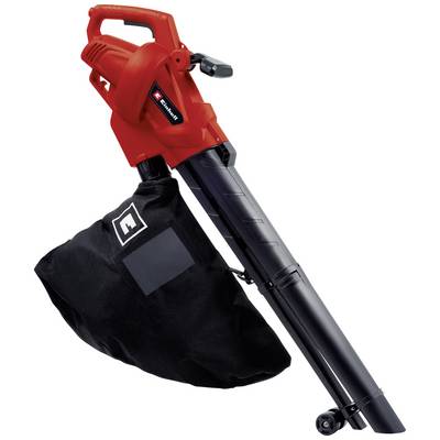 Un souffleur de feuilles rouge avec un sac de collecte noir, idéal pour ramasser les feuilles dans le jardin.