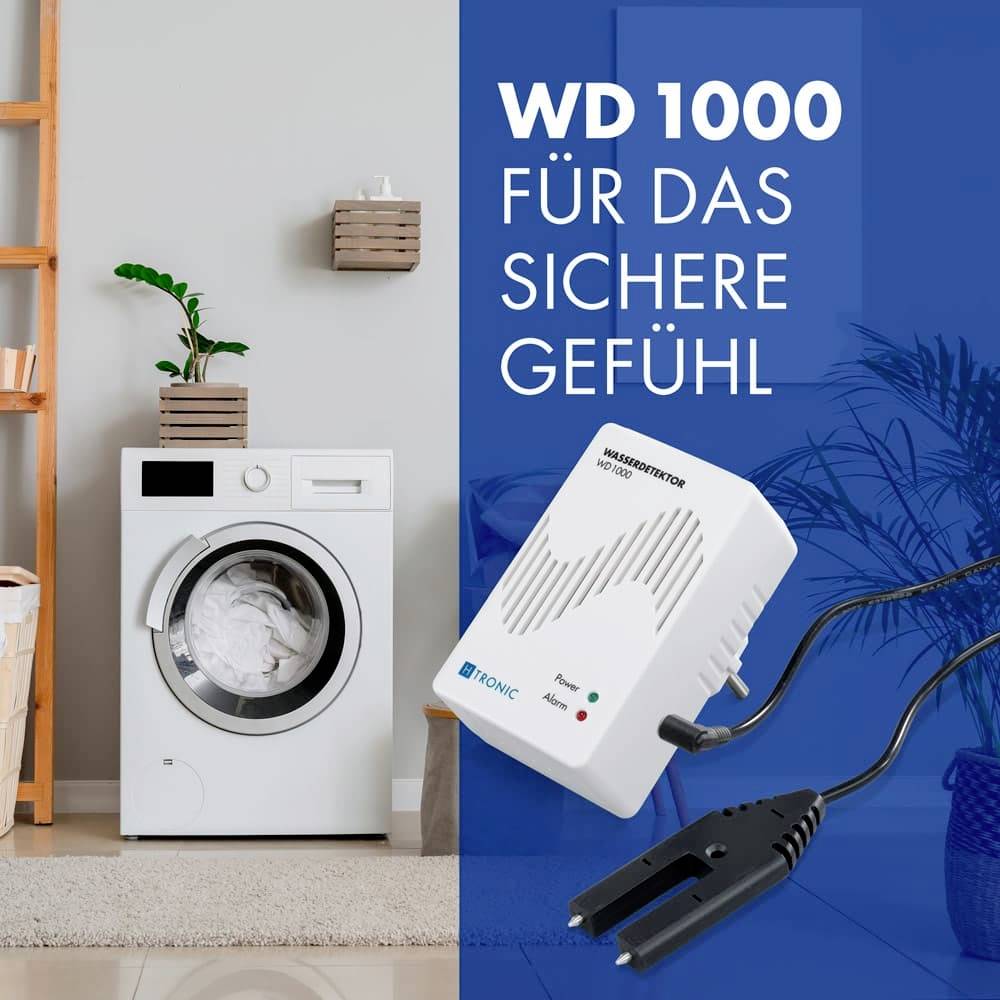 'Dispositif d'alarme pour machine à laver. Texte : WD 1000 POUR UNE SENSATION DE SÉCURITÉ. Produit pour plus de sécurité dans les foyers.'