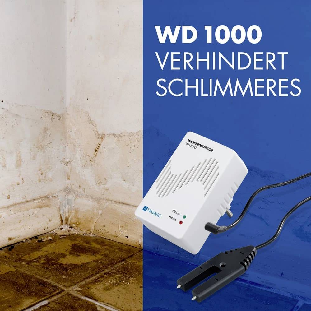 Un absorbeur d'humidité élimine l'eau dans la cave. Texte : « WD 1000 empêche le pire ». Montre un appareil avec un câble et des murs sales.