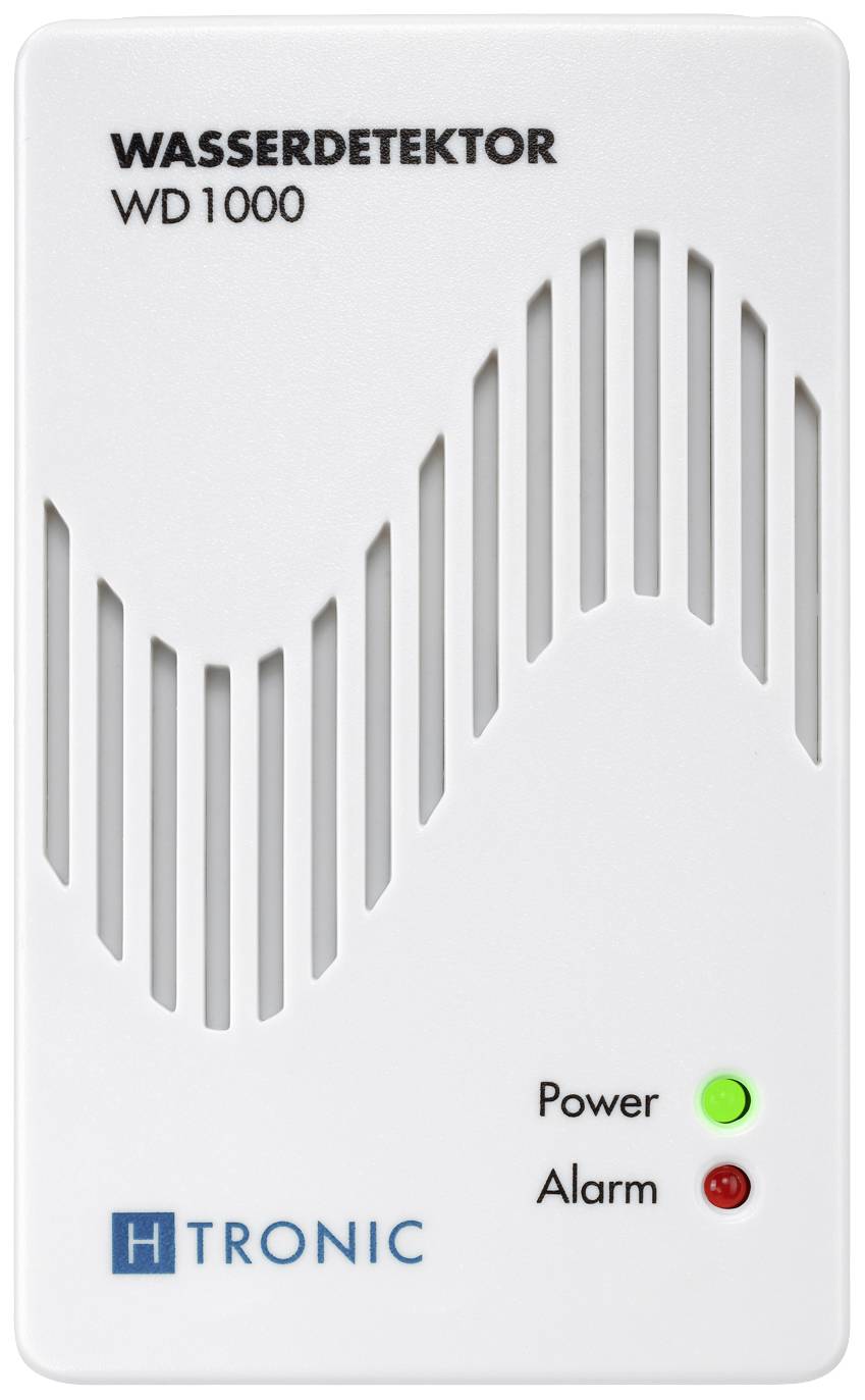 Un détecteur d'eau blanc 'WD1000' de H-Tronic avec un voyant vert de mise sous tension et un voyant rouge d'alarme sur la façade avant.