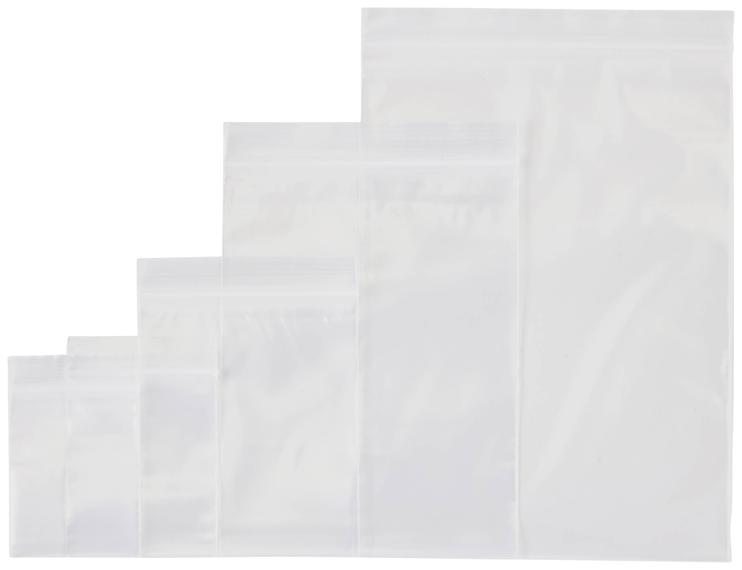 Des sacs en plastique transparents de différentes tailles, empilés les uns sur les autres dans un ordre croissant de gauche à droite.