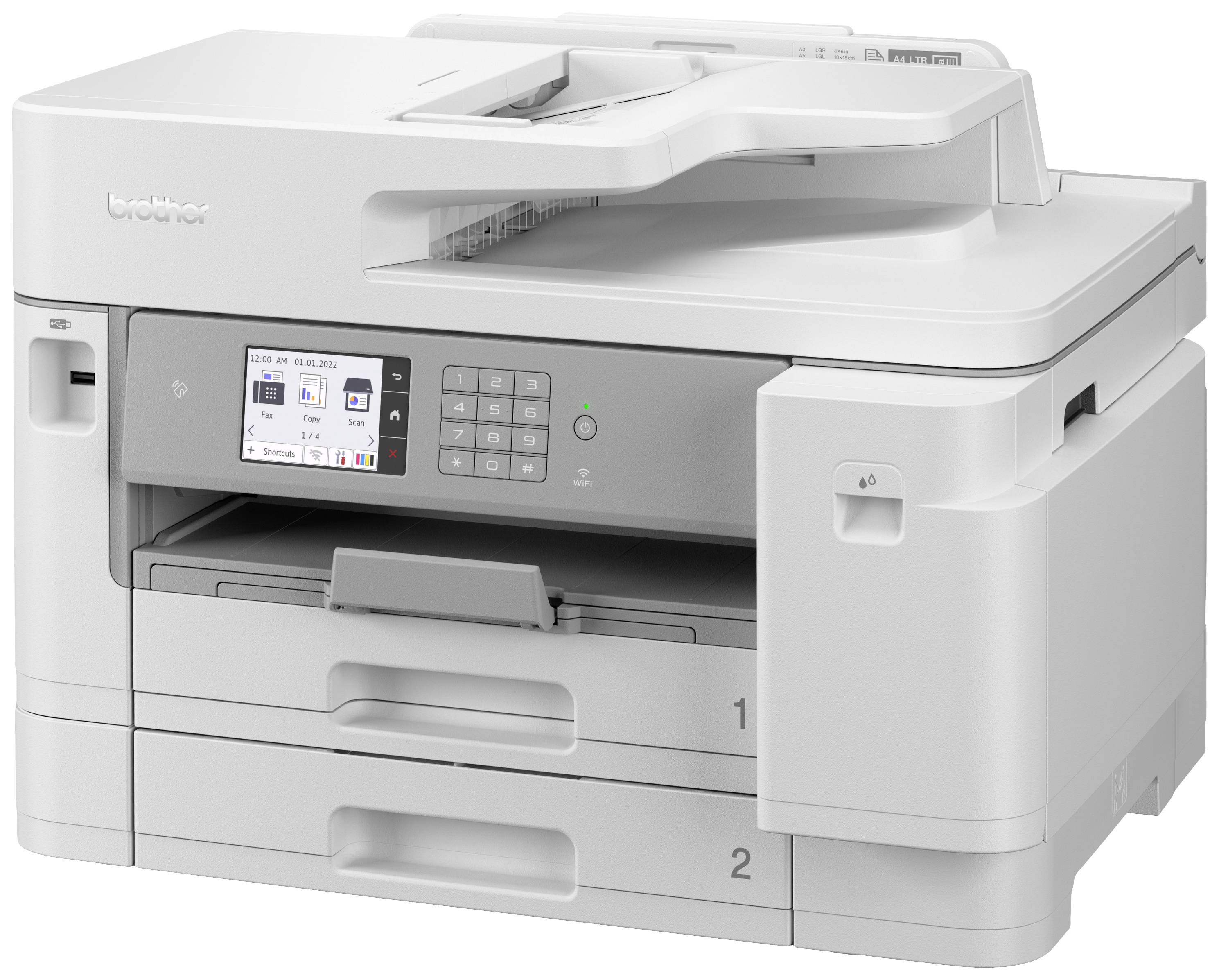 Un imprimante multifonction blanc avec écran tactile et deux bacs à papier, adapté pour l'impression, la numérisation et la copie de documents au bureau.