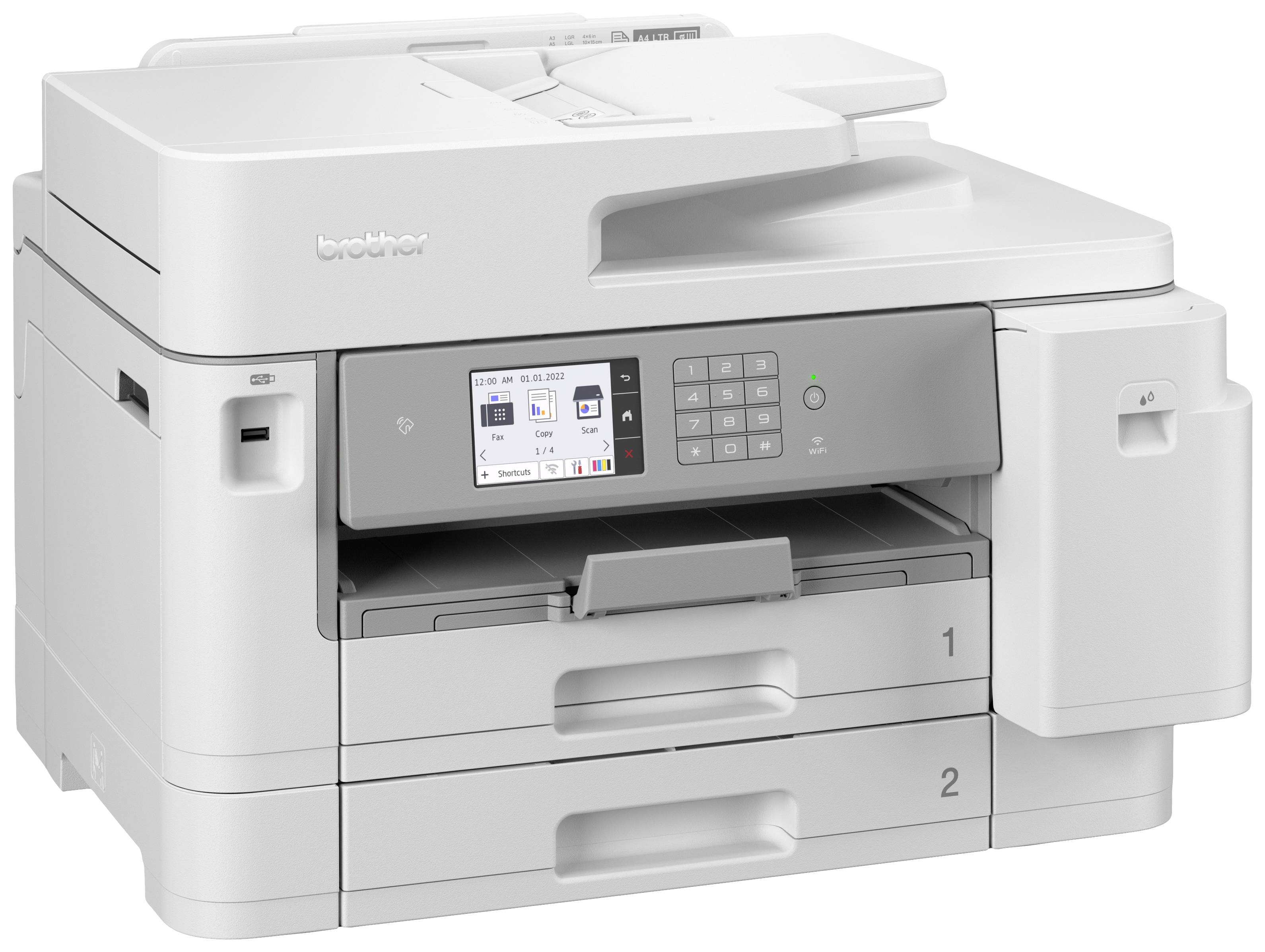 Un imprimante multifonction avec un panneau de commande et deux bacs à papier. Adapté pour l'impression, la numérisation et la copie au bureau.