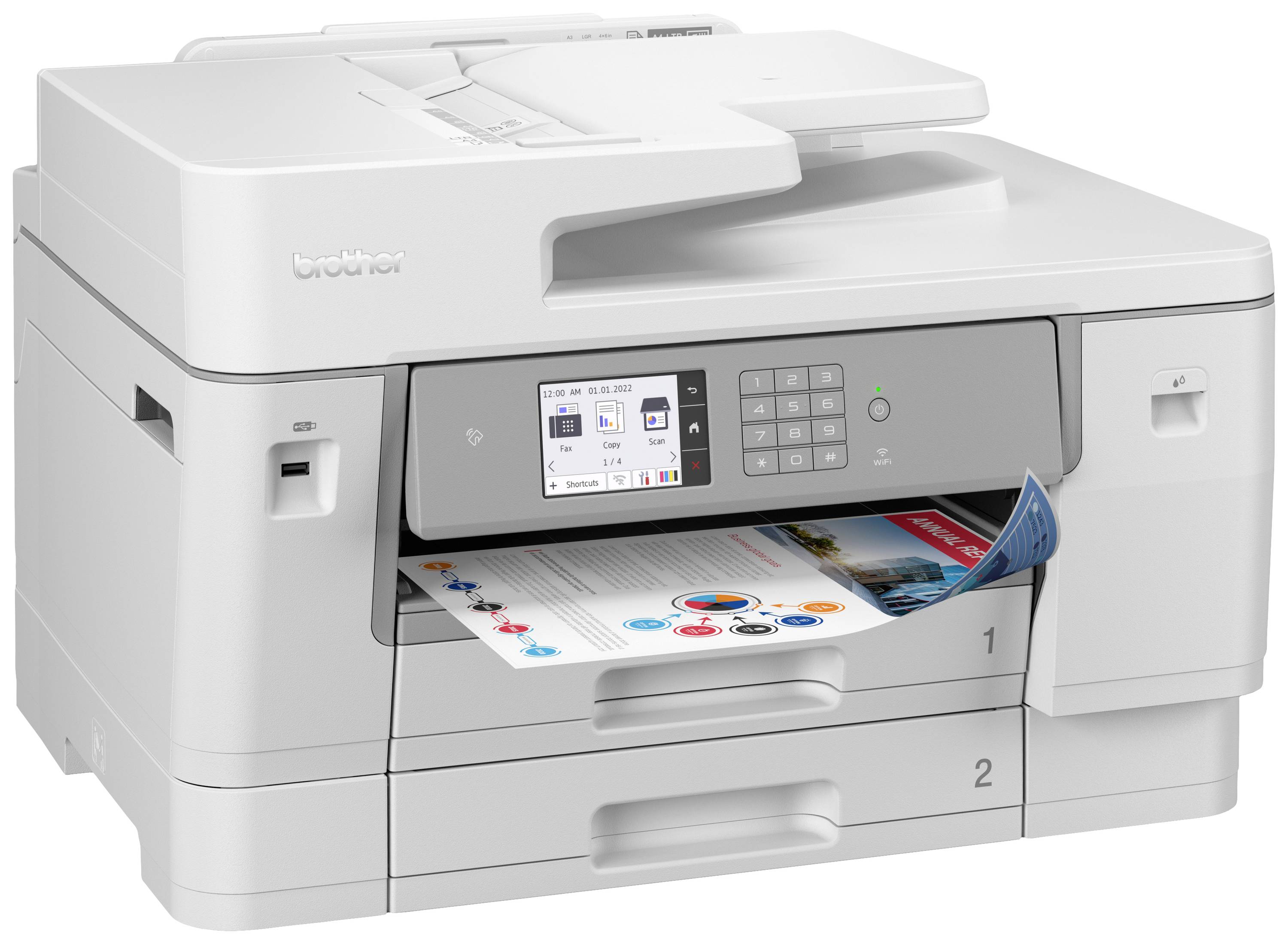 Une imprimante multifonction avec un écran couleur imprime un document. Deux bacs à papier sont visibles, étiquetés '1' et '2'.