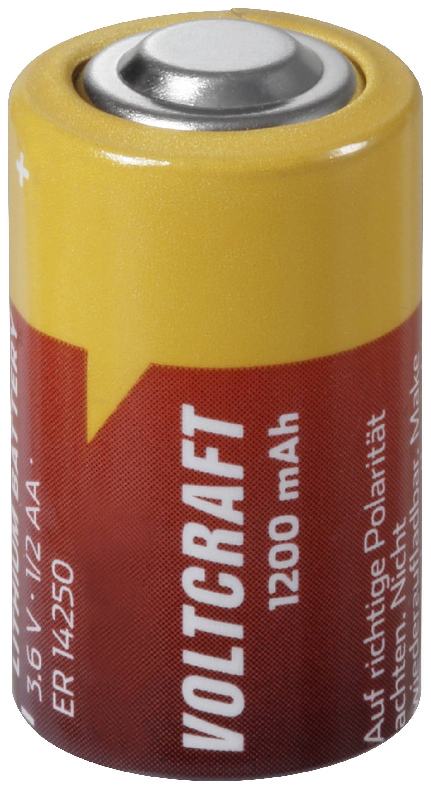 Une batterie rouge et jaune portant l'inscription « VOLTCRAFT 1200 mAh ». Le dessus présente un capuchon métallique, le texte indiquant la polarité.