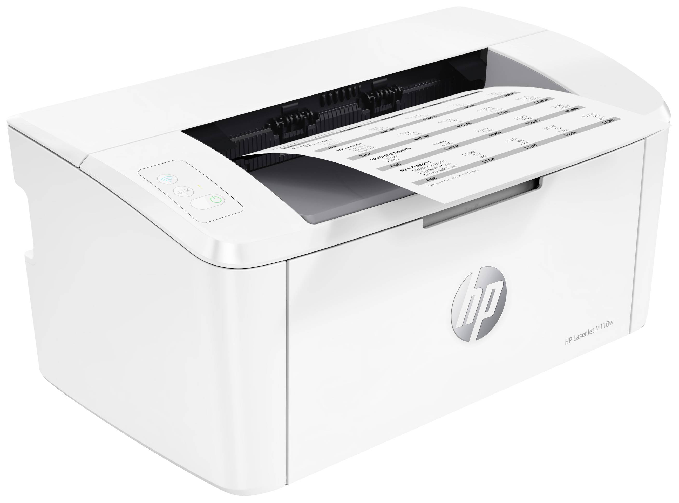 Une imprimante blanche HP imprime un document. Les voyants lumineux sur le côté gauche de l'imprimante sont allumés.