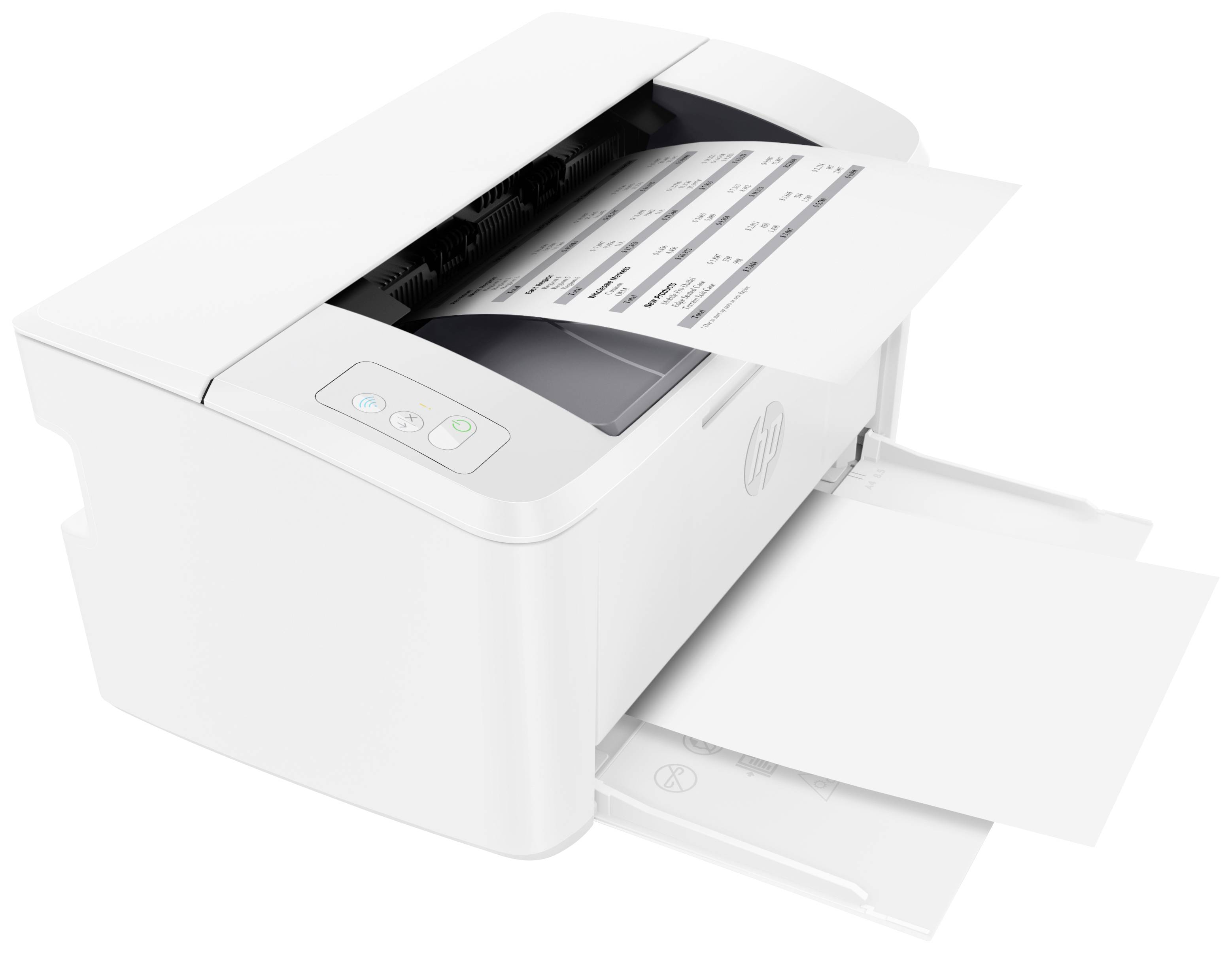 L'imprimante imprime un document avec du texte. Le papier est partiellement sorti. L'appareil a des touches pour le contrôle.