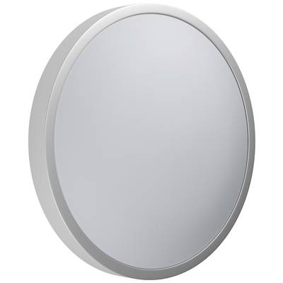 Un miroir rond avec un cadre argenté, sur un fond neutre.