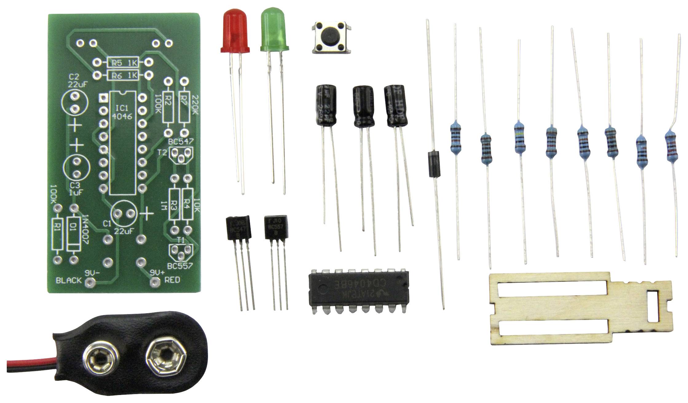 Kit électronique comprenant un circuit imprimé, des LED, des résistances, des transistors, des condensateurs, un circuit intégré et un clip de batterie, tous en pièces détachées.