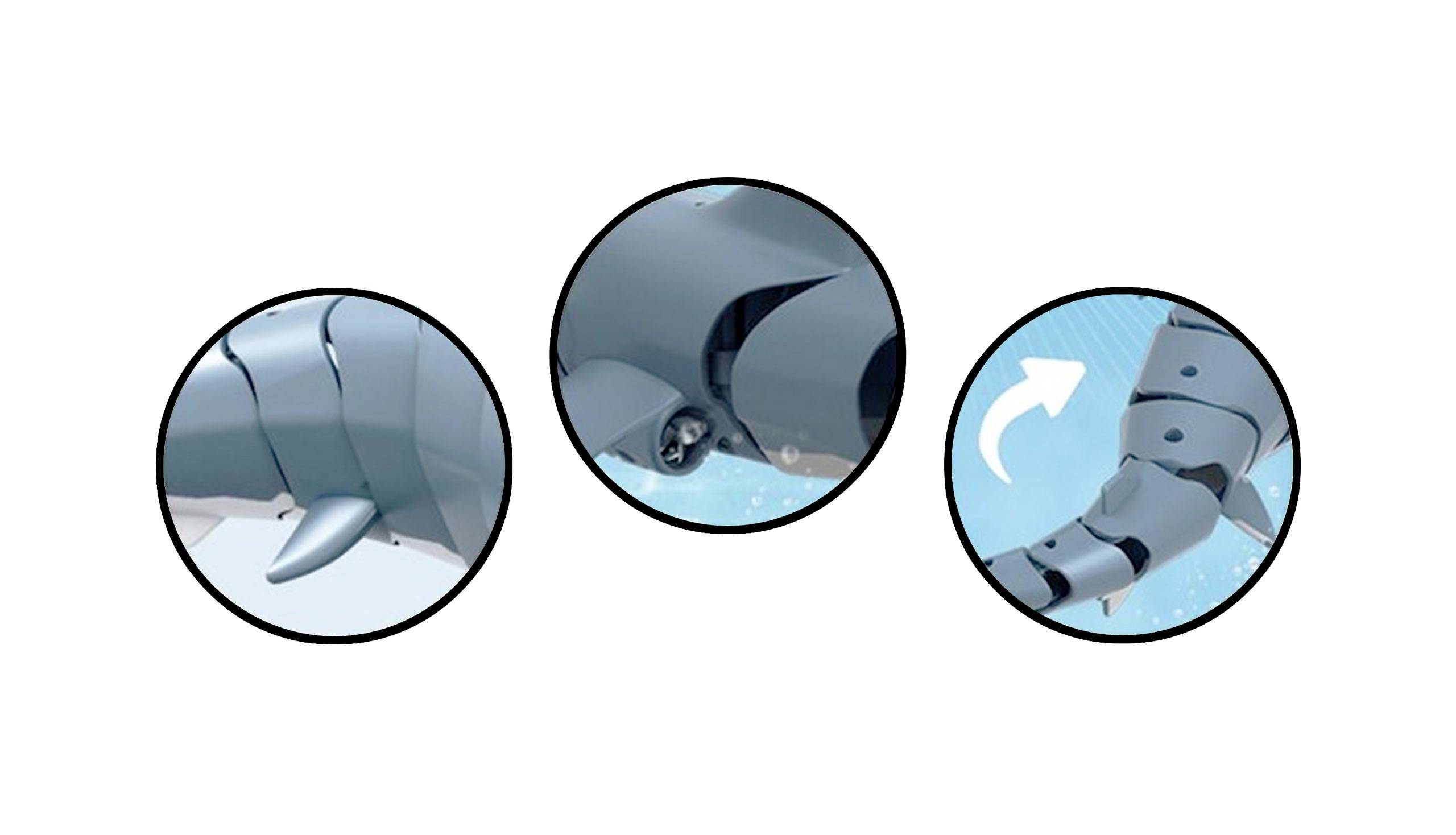 Trois vues détaillées d'un modèle bionique : structure de nageoire, mécanique articulaire et propulsion flexible avec flèche, sur fond bleu.