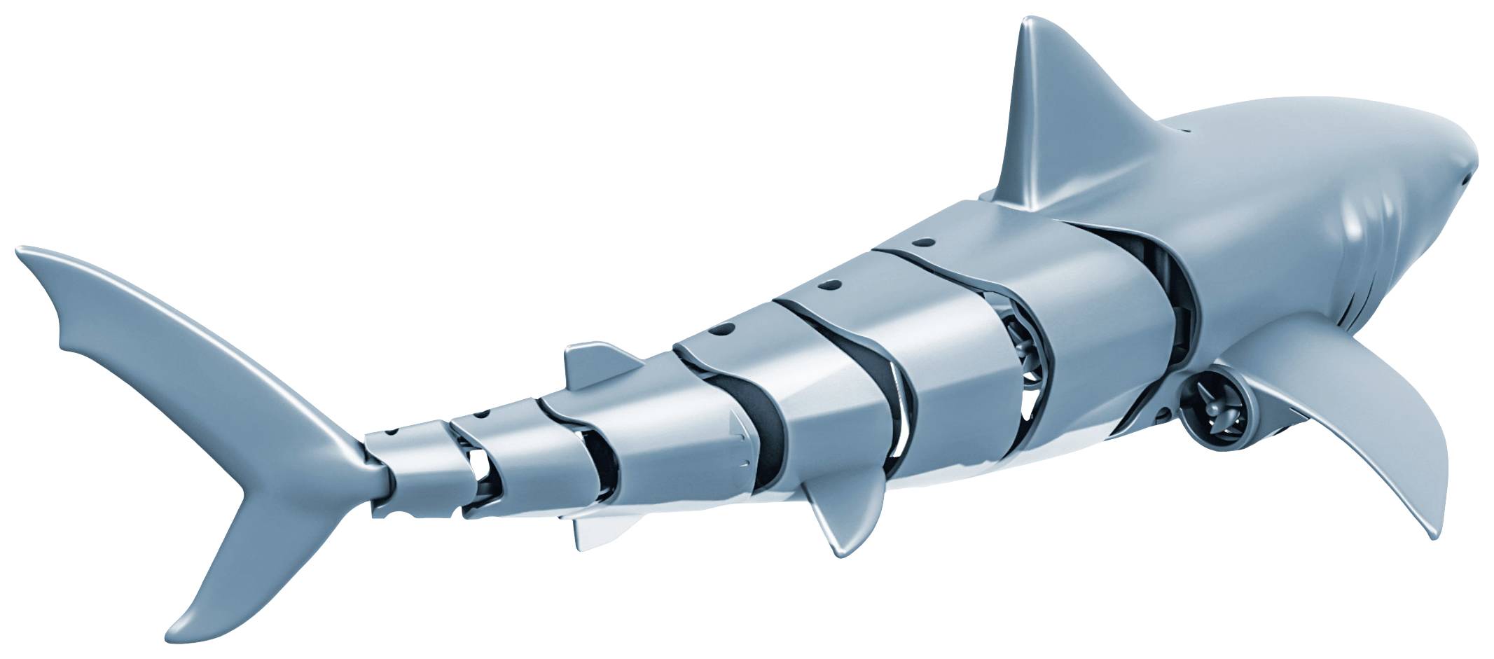 Un requin métallique aux segments articulés présente une technique ou un design innovant, semblable à un robot, avec des détails de nageoires et de queue.