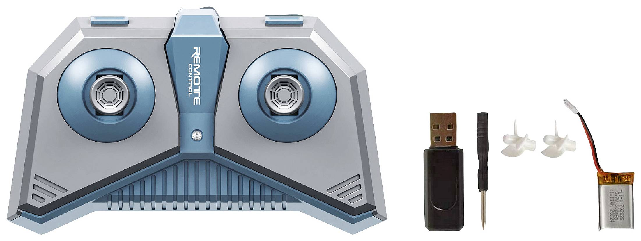 Deux télécommandes de drone en bleu avec accessoires : chargeur USB, tournevis, hélices de rechange et batterie.