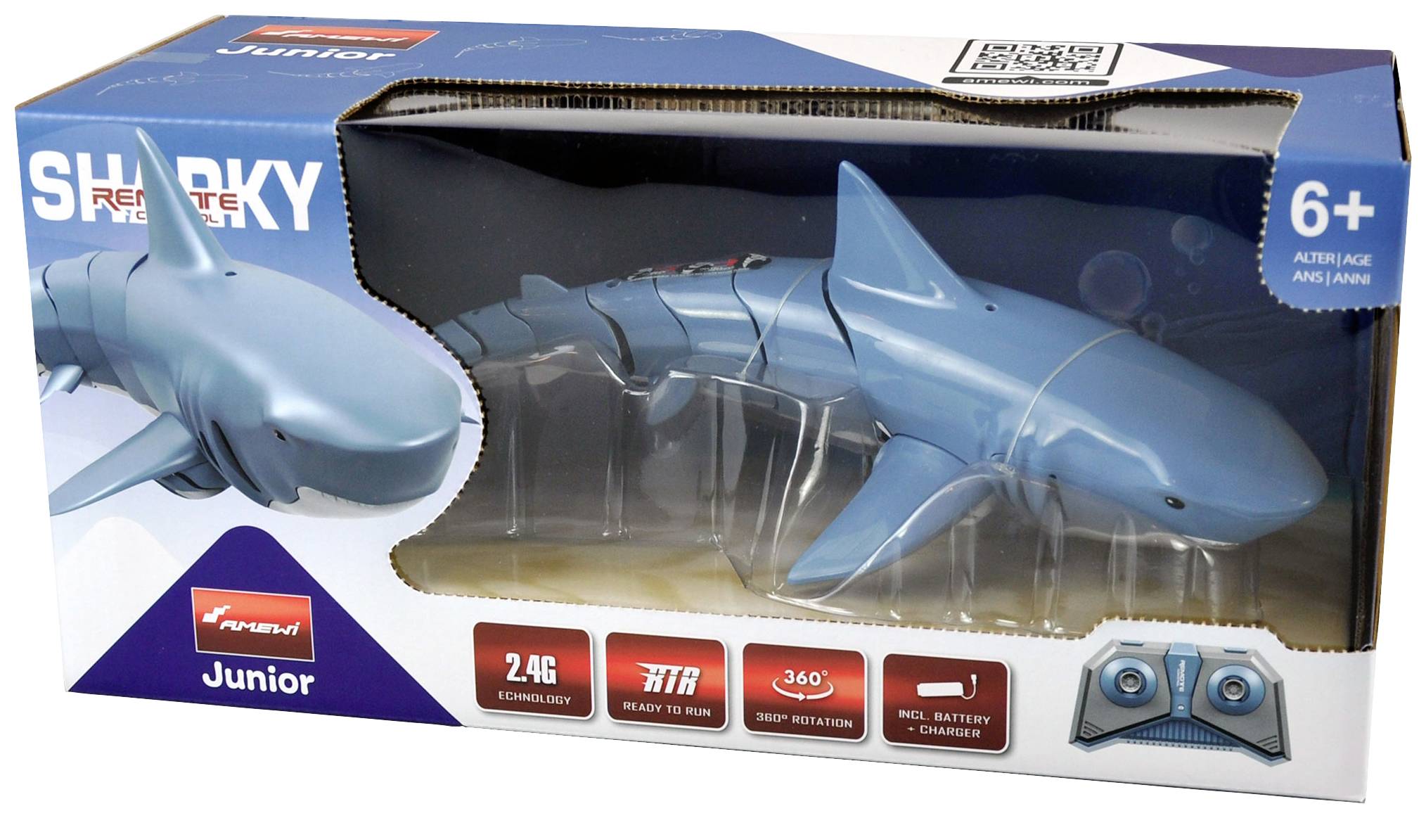 Jouet télécommandé 'Sharky' en forme de requin dans un emballage bleu et rouge. Convient aux enfants à partir de 6 ans. Comprend une télécommande.