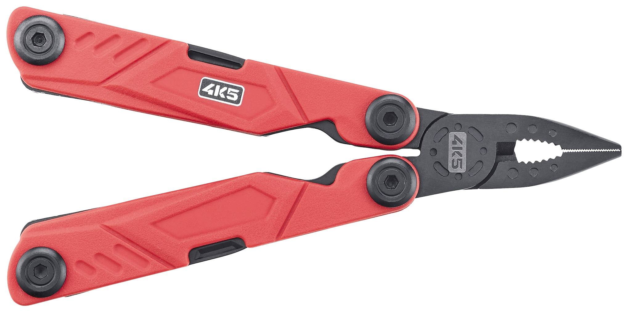 Outil multifonction rouge avec tête à pince et plusieurs options d'outils. Idéal pour une utilisation polyvalente lors de réparations et d'activités de plein air.