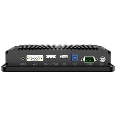 Arrière d'un appareil électronique avec les ports suivants : Audio, VGA, DisplayPort, HDMI, USB, COM et connecteur d'alimentation (DC IN).